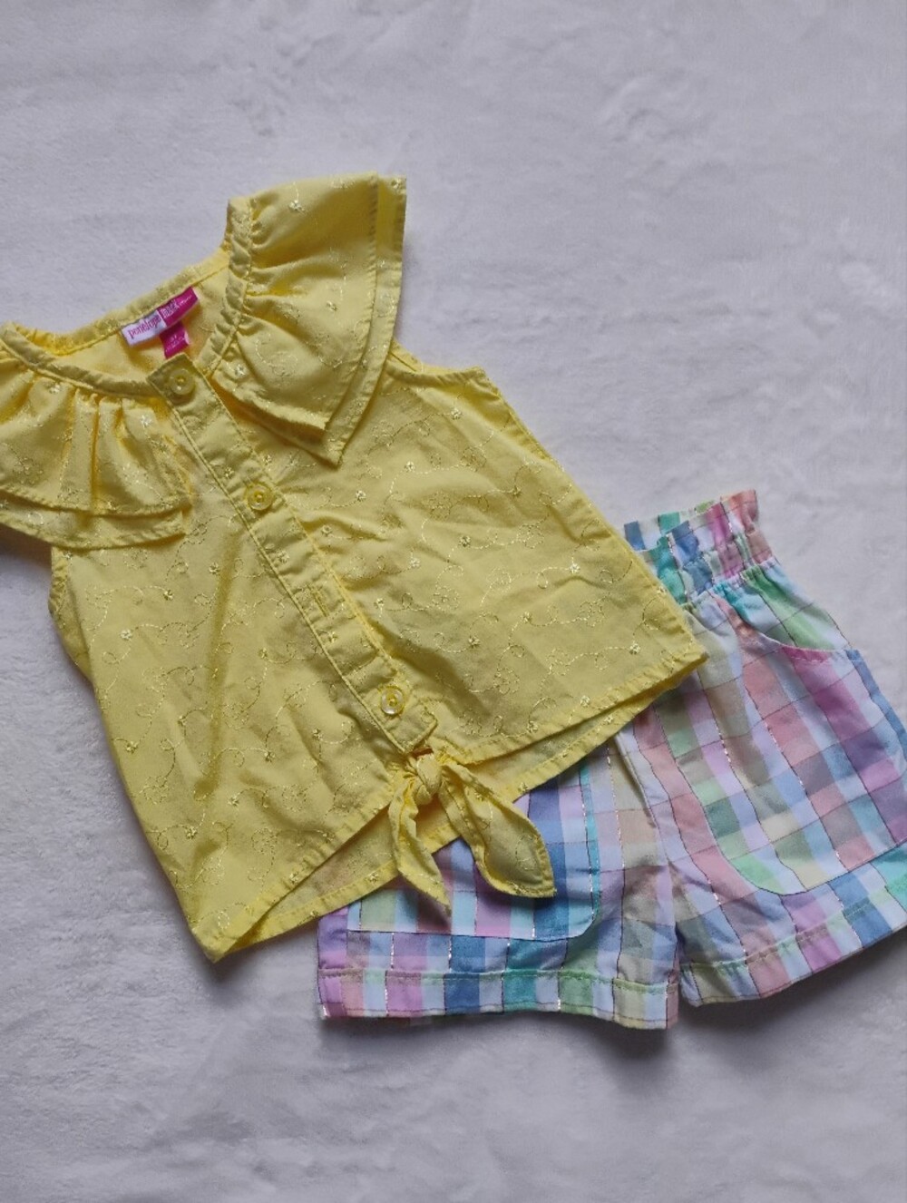 Cute 2 Piece Summer Top & Shorts Set | Embroidered Tie Front Pastel Plaid | 3T
